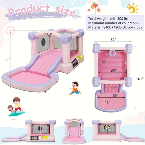 Vista 3 de AKEYDIY Pastel Dream Casa de Rebote para Niños de 3-10, Casa de Rebote de Agua de 161x82x63 pulgadas con Tobogán, Piscina de Pelotas/Foso