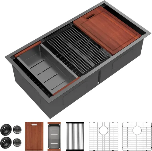 Vista 19 de Sarlai Fregadero de Cocina Dorado Bajo Encimera de 33 Pulgadas Doble Tazón 33 x 19 Pulgadas Bajo Dividido Dorado Estación de Trabajo Fregadero Doble