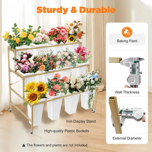Vista 2 de Soporte de exhibición de flores de 3 niveles con 12 cubos, soporte de metal para plantas con ruedas, estante de exhibición de flores móviles de alta