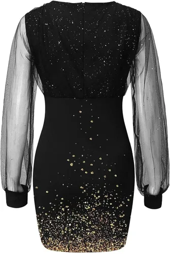 Vista 4 de ZEFOTIM Vestidos sexys para mujer 2023 de manga larga, casual, cuello en V, transparente, mini vestido de lentejuelas
