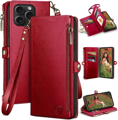 Vista 11 de XcaseBar Funda tipo cartera compatible con iPhone 14 Pro Max de 6.7 pulgadas con cremallera y tarjetero de crédito, bloqueo RFID, funda de piel