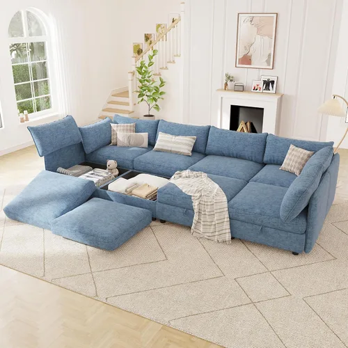Vista 19 de 95.5" Sofá seccional modular de chenilla con almacenamiento oculto, sofá cama convertible en forma de L y U, sofá seccional moderno de 6 plazas