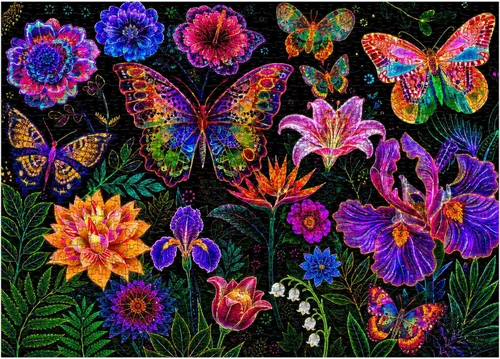 Vista 2 de Colorful Flower Butterfly Neon Art Jigsaw Puzzles 1000 Pieces for Adults