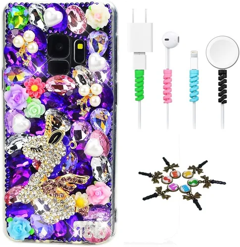 Vista 6 de Sparkle - Funda compatible con Samsung Galaxy Note 10, elegante funda 3D hecha a mano con diseño de borla de calavera con protector de cable