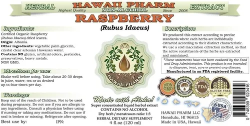 Vista 2 de Hawaii Pharm Extracto líquido sin alcohol de frambuesa, grado profesional, suplemento herbario natural de glicerita de hoja seca de frambuesa