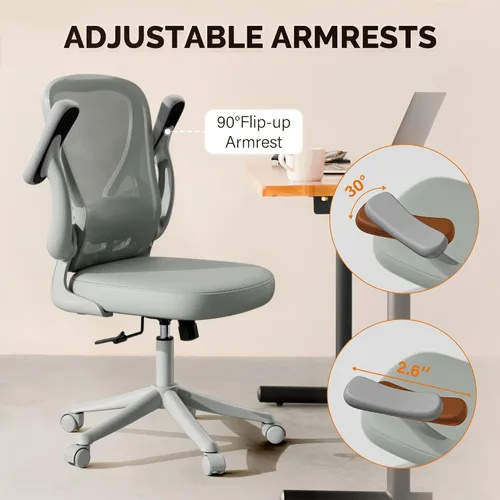 Vista 3 de Ollega Silla de escritorio para computadora con ruedas, silla de oficina de malla con brazos abatibles, soporte lumbar ajustable, silla de Gris