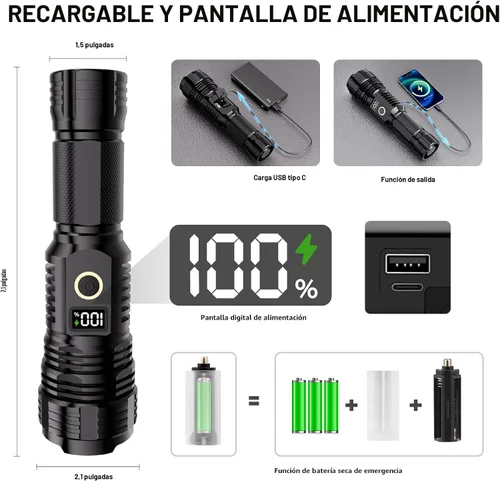 Vista 3 de Linternas recargables de alto lúmenes, 10000 lm LED súper brillante, linternas con zoom con pantalla digital LCD, 5 modos, impermeable, potente