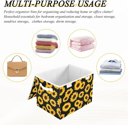 Vista 7 de Large Collapsible Storage Bins with Lids, Sunflower Black Storage Baskets Organizer Containers with Handles for Clothes