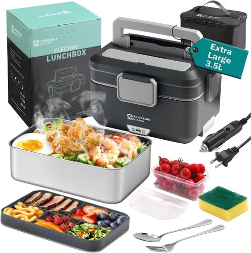 Vista 8 de Annie & Mia Design Fiambrera eléctrica para adultos, 100 W, 3.5 L, calentador de alimentos portátil de 2 capas, modo dual de 2.5 L + 1 litro