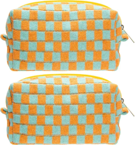 Vista 37 de PAZIMIIK Bolsa de Maquillaje a Cuadros para Bolso Portátil con Cremallera, Estuche Pequeño de Cosméticos para Accesorios de Viaje, Azul Ártico