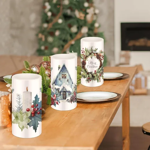 Vista 6 de Retisee 3 piezas de velas de Navidad sin llama estilo granja con control remoto, velas LED operadas a batería estilo rústico, decoración de Navidad