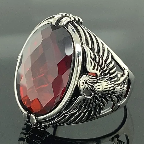 Vista 5 de Men Handmade Eagle Ring, Ruby Stone Ring, Silver Red Ruby Stone Ring, 925k Sterling Silver Ring, Handmade American Eagle Mens Ring