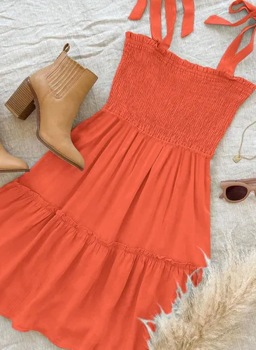 Vista 7 de MUXERI Women's Bohemian Solid Color Spaghetti Straps Shirred Square Neck Swing A Line Beach Mini Dress