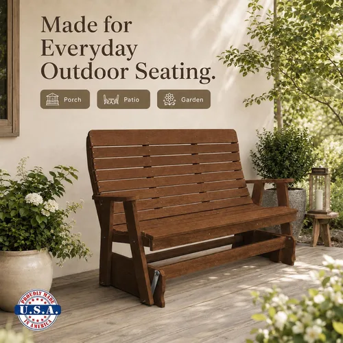 Vista 7 de Amish Made Antique Mahogany 4 ft Outdoor Glider Bench, HDPE Made in USA Fairfax Collection HDPE Poly Lumber Outdoor Glider Bench, All-Weather