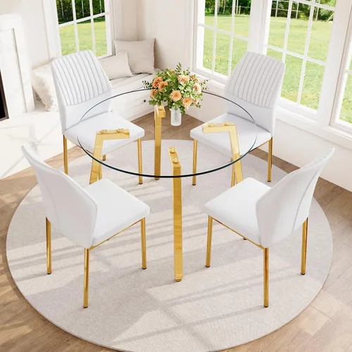 Vista 15 de Juego de mesa de comedor de cristal para 4, mesa rectangular con 4 sillas de cocina de cuero blanco, juego de comedor de cocina de 51 pulgadas, mesa