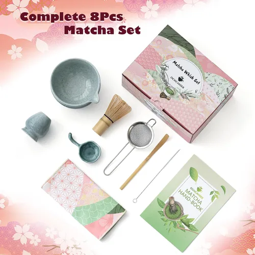 Vista 2 de Juego de té Matcha, kit japonés de 8 piezas con cuenco cerámico de diseño de flores de cerezo y olas, batidor de bambú, soporte para batidor