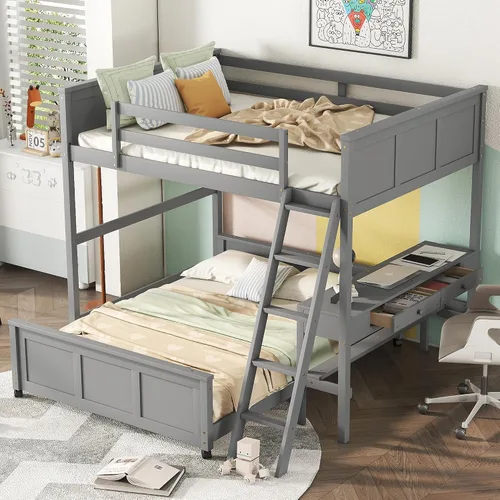 Vista 4 de Litera en forma de L de tamaño matrimonial con escritorio y cajones de Gris con escritorio