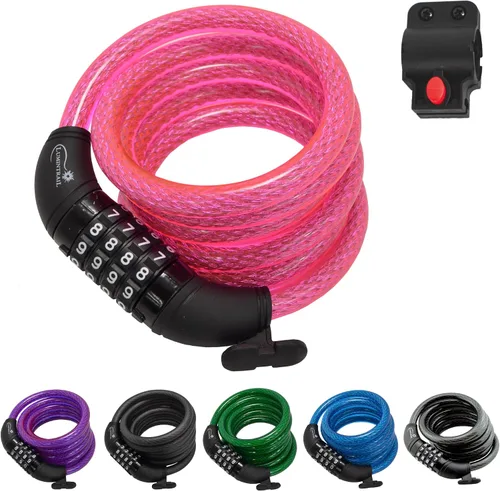 Vista 9 de Lumintrail Cable antirrobo de bloqueo de bicicleta de 6 pies, cerradura de combinación con soporte de montaje (1 paquete, azul)
