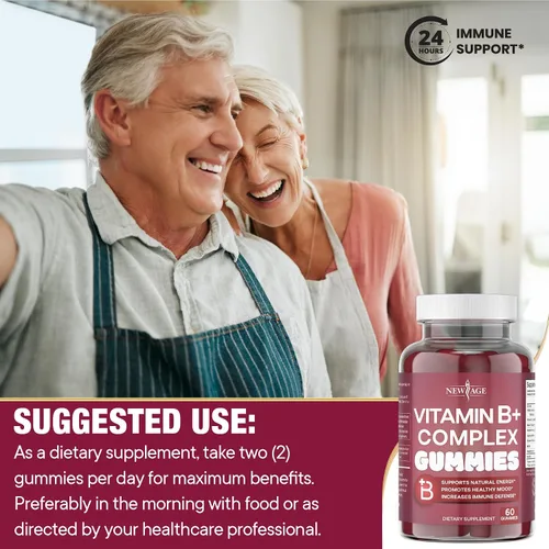 Vista 7 de NEW AGE - Gomitas de complejo de vitamina B con vitamina B3, B5, B6, B7, B9 y B12, con biotina, ácido fólico y vitamina C, sin gluten, veganas