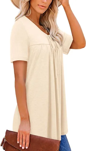 Vista 3 de BETTE BOUTIK Blusas de verano para mujer, plisadas, de manga corta, con cordón, cuello redondo, tallas S-3XL