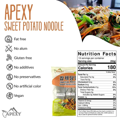 Vista 2 de APEXY Fideos de vidrio de batata, fideos japchae, pasta de fideos coreanos, sin grasa y sin gluten, 100% almidón de batata, sin aditivos, sin