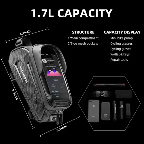 Vista 7 de ROCKBROS - Estuche para bicicleta, para parte frontal del marco, impermeable, funda rígida para celular, compatible con iPhone 11/12 Pro XR XS Max 7