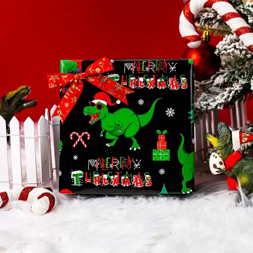 Vista 4 de Homeral Rollo de papel de regalo de Navidad de dinosaurio para niños, dinosaurio negro fresco con decoraciones y letras rojas, envoltura de regalo