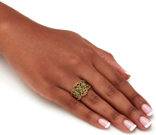 Vista 4 de PalmBeach - Anillo de 3 piedras de jade verde genuino chapado en oro amarillo antiguo con forma ovalada, tallas 5-10