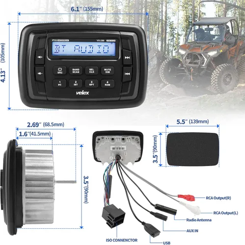 Vista 4 de Velex Powersport Radio estéreo marina AM FM sintonizador estéreo 4 x 45 W Bluetooth Streaming UTV ATV