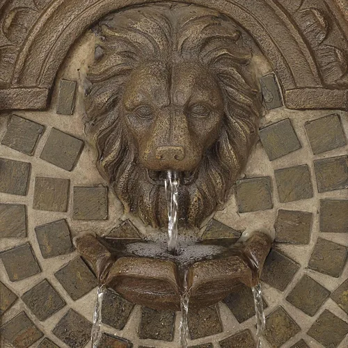 Vista 3 de Royal Lions Head - Fuente de suelo italiana grande de 51 pulgadas de alto para decoración al aire libre de piedra sintética con estatua de luz
