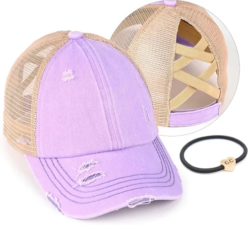 Vista 62 de C.C Gorra de béisbol de malla con diseño de estrella brillante, gorra de camionero ajustable para moño o cola de caballo Una banda elástica-negro