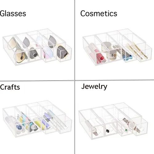 Vista 3 de CLUQMEIK Organizador de lentes de sol de acrílico con 4 tapas, organizador de cajones, suministros rectangulares para baño, dormitorio, escritorio
