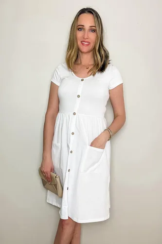 Vista 4 de OUGES - Vestido estilo skater, con botones, cuello en V y bolsillos para mujer