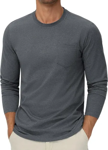 Vista 12 de Cotrasen Camisetas de manga larga para hombre, de algodón, cuello redondo, absorben la humedad, suaves, casuales, con bolsillo