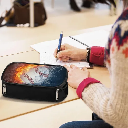 Vista 6 de Estuche de cuero blanco de béisbol 3D para lápices, organizador de papelería de gran capacidad, bolsa para lápices con agua y fuego para niños