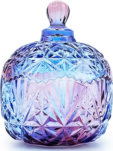 Vista 28 de Tarro de almacenamiento de caramelos de vidrio de cristal colorido con relieve, lujoso recipiente para buffet de galletas con tapas, caja