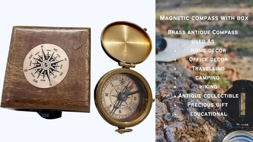 Vista 5 de Brújula de bolsillo de latón antiguo con caja de madera, herramienta de navegación magnética de 2 pulgadas, vintage, náutico, coleccionable