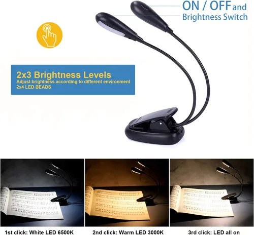 Vista 2 de Lámpara recargable con soporte para música, luz de lectura con clip, lámpara de libro de 8 LED, 3 niveles de brillo para protección ocular, perfecta