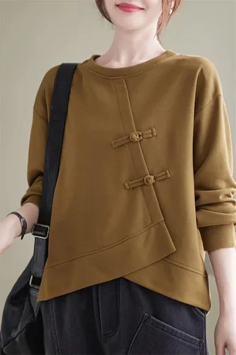 Vista 7 de MengXingHe Sudadera con botones de placa de estilo chino para mujer, sudadera con capucha de cuello redondo irregular informal suelta y manga larga