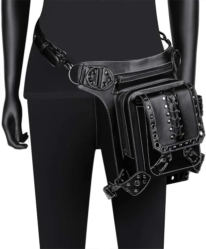 Vista 2 de Steampunk - Riñonera de piel gótica con diseño de calavera, bandolera cruzada con hombros y muslos y caderas, para mujeres y hombres, WP-BG065BK