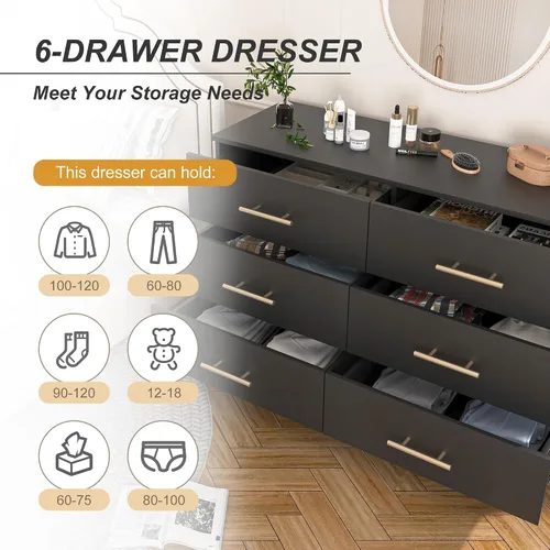 Vista 13 de Spaco Cómoda negra de 6 cajones con mango dorado, cómoda moderna de 6 cajones profundos para dormitorio, cómoda de almacenamiento para armario, sala