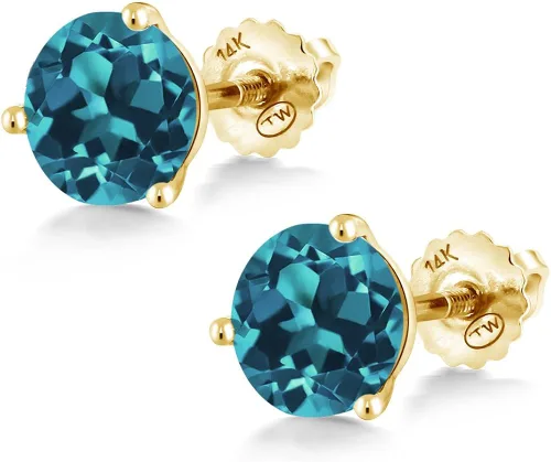 Vista 3 de Gem Stone King Aretes de tuerca de oro amarillo de 14 quilates, topacio azul Londres de 3 puntas, Martini con parte trasera para mujer