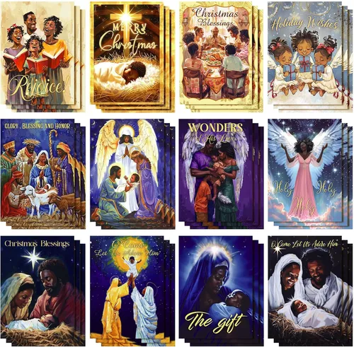Vista 7 de Cholemy Juego de 36 tarjetas de Navidad afroamericanas negras con sobres, tarjetas de felicitación de Navidad africanas, tradicionales, religiosas