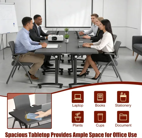 Vista 6 de Mesas plegables para sala de conferencias, mesa de entrenamiento móvil abatible con ruedas giratorias de 360°, mesa de conferencias moderna