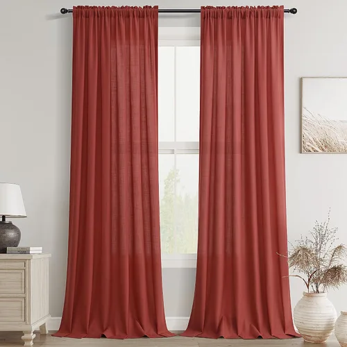 Vista 120 de Cortinas de lino verde aguamarina de 84 pulgadas de largo, juego de 2 paneles semitransparentes con bolsillo para barra para comedor, decoración