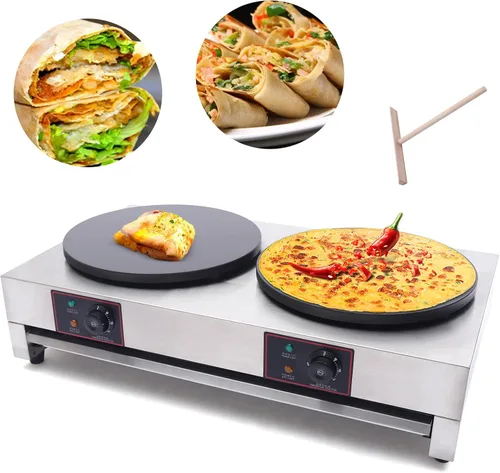 Vista 5 de Máquina de panqueques antiadherente comercial de 2 quemadores para hacer crepé, estufa de mesa 3.4KW, 110V sartén automática para panqueques