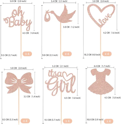 Vista 2 de Gexolenu 24 piezas Oh Baby Rose Gold de doble cara para cupcakes It's a Girl Cupcake Picks Heart Love Baby Shower Cake Decoraciones para niñas