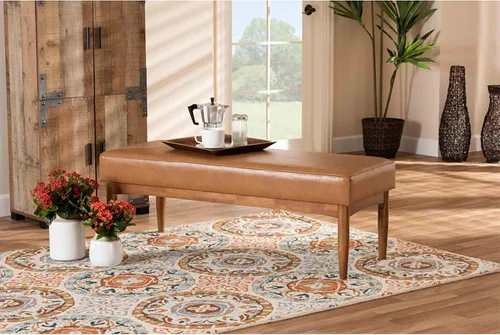 Vista 2 de Baxton Studio Arvid Mid-Century - Banco de comedor de madera tapizado de piel sintética y acabado marrón nogal