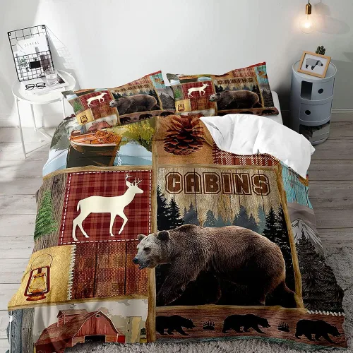Vista 15 de LUVIVIHOME 2 piezas de funda de edredón con diseño de osos, alces y ciervos en negro, juego de cama individual, ropa de cama rústica de estilo La