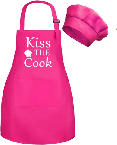 Vista 6 de Juego de delantal y sombrero de chef con bolsillos, delantal infantil para niños y niñas, para cocinar, cocina, delantales ajustables